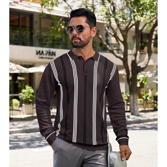 Men's Knit Polo Sweater Long Sleeve Striped Thermal Button Collar Sweater Brown - Picture 6 of 7